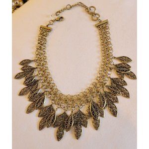 Anthropologie Necklace MERISTEM Leaves Bib 3 Chains with Petals Brass Tone